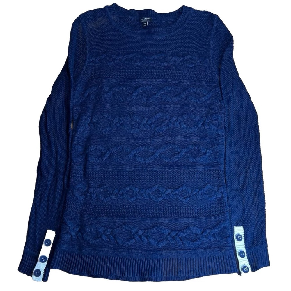 Talbots women’s Navy Pullover long sleeve Button Cuff Cable Knit Sweater|Size:MP